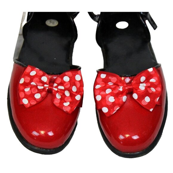 Disney Store Minnie Mouse Red Glitter Shoes Bow  Strap Dress Up Patent Leather - Picture 2 of 13
